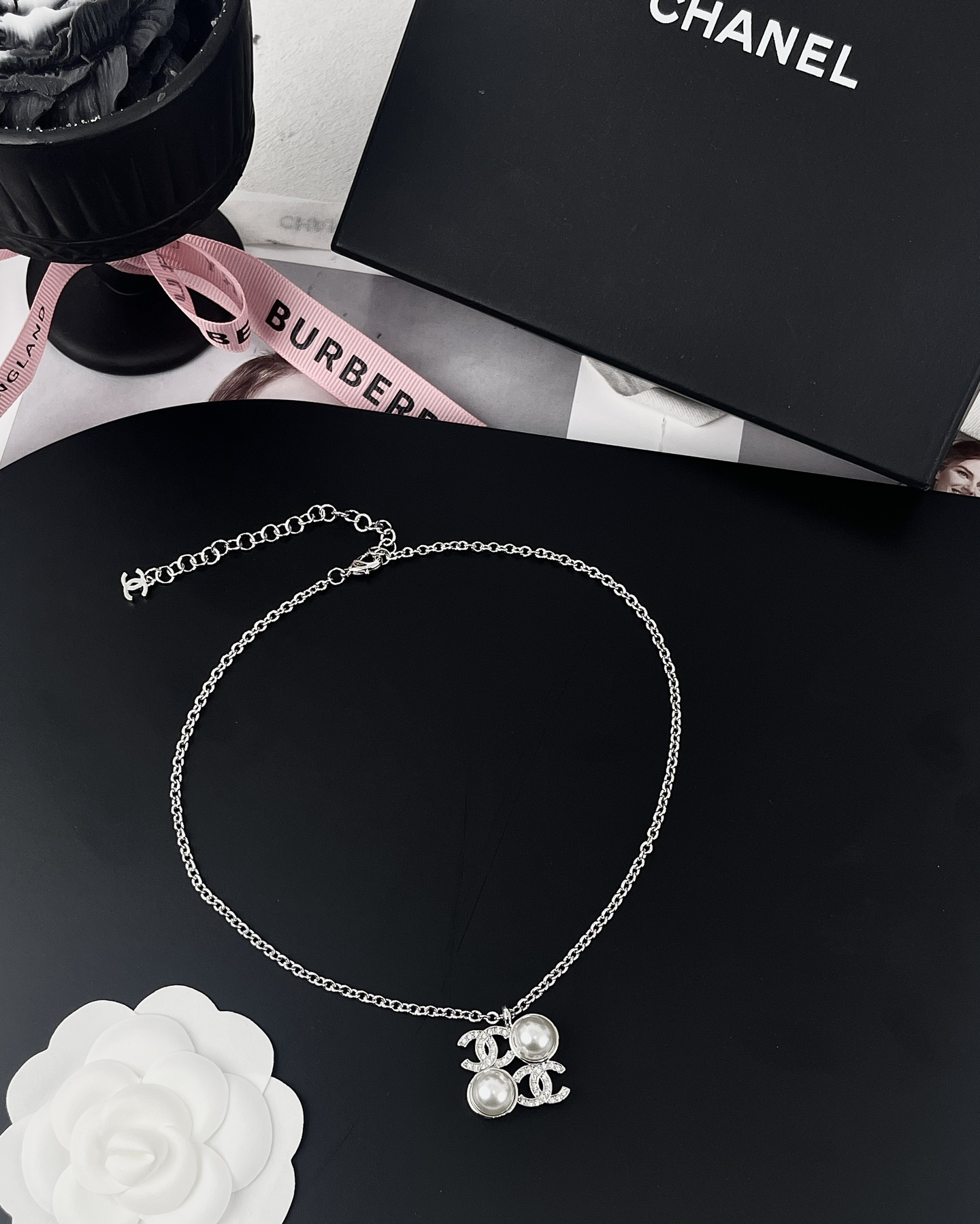 Chanel Silver Square Coco & Pearls Pendant Necklace - Image 4