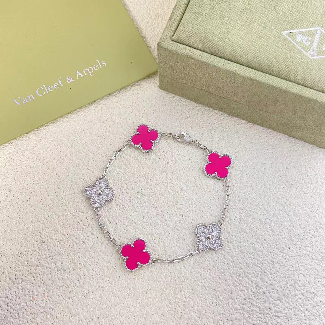 VCA Diamond and Rose Red Vintage Alhambra Bracelet 5 Motifs - Image 4