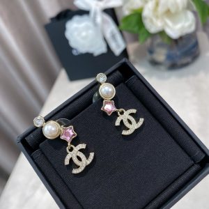 Chanel Rhinestone Pink Star Pearl CC Earrings
