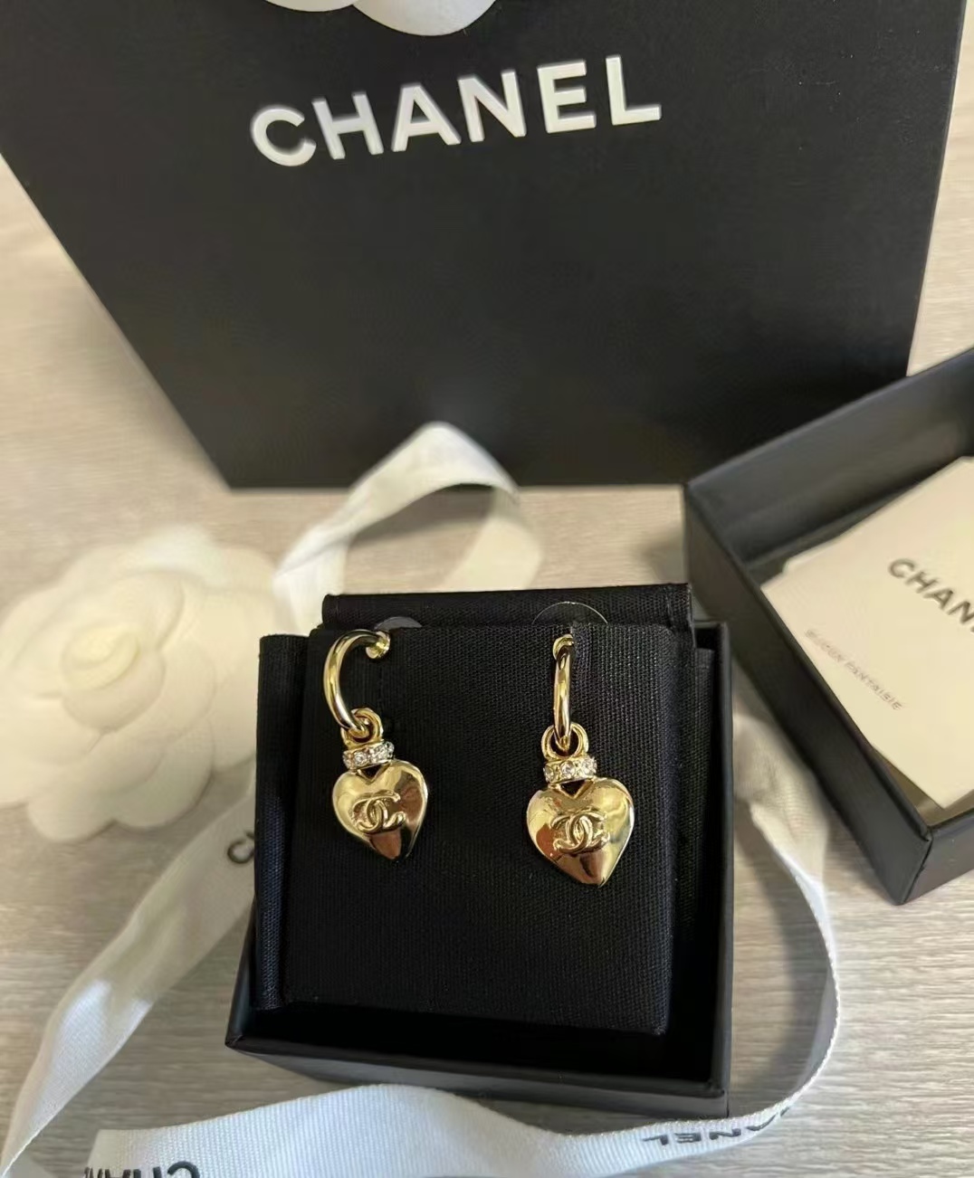 Chanel Gold Hoop with Heart Dangle Earrings - Image 7