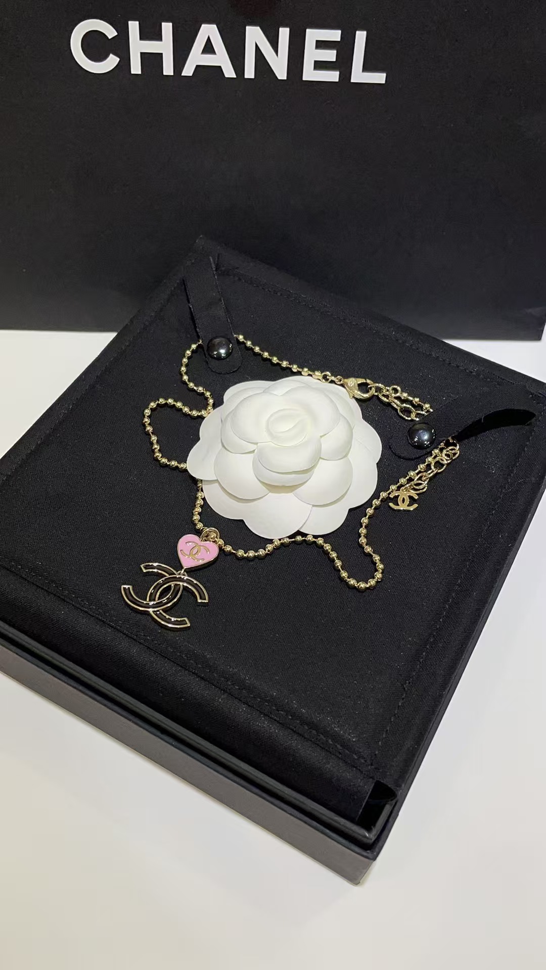 Chanel Diamond Pearl Paved Double C Pendant Pearl Necklace - Image 5