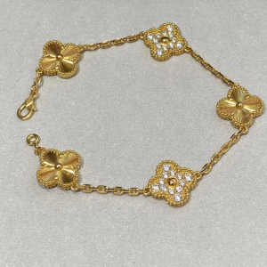 VCA Gold-tone Diamond and Guilloche Vintage Alhambra Bracelet 5 Motifs