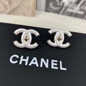 Chanel White Double C Stud Earrings
