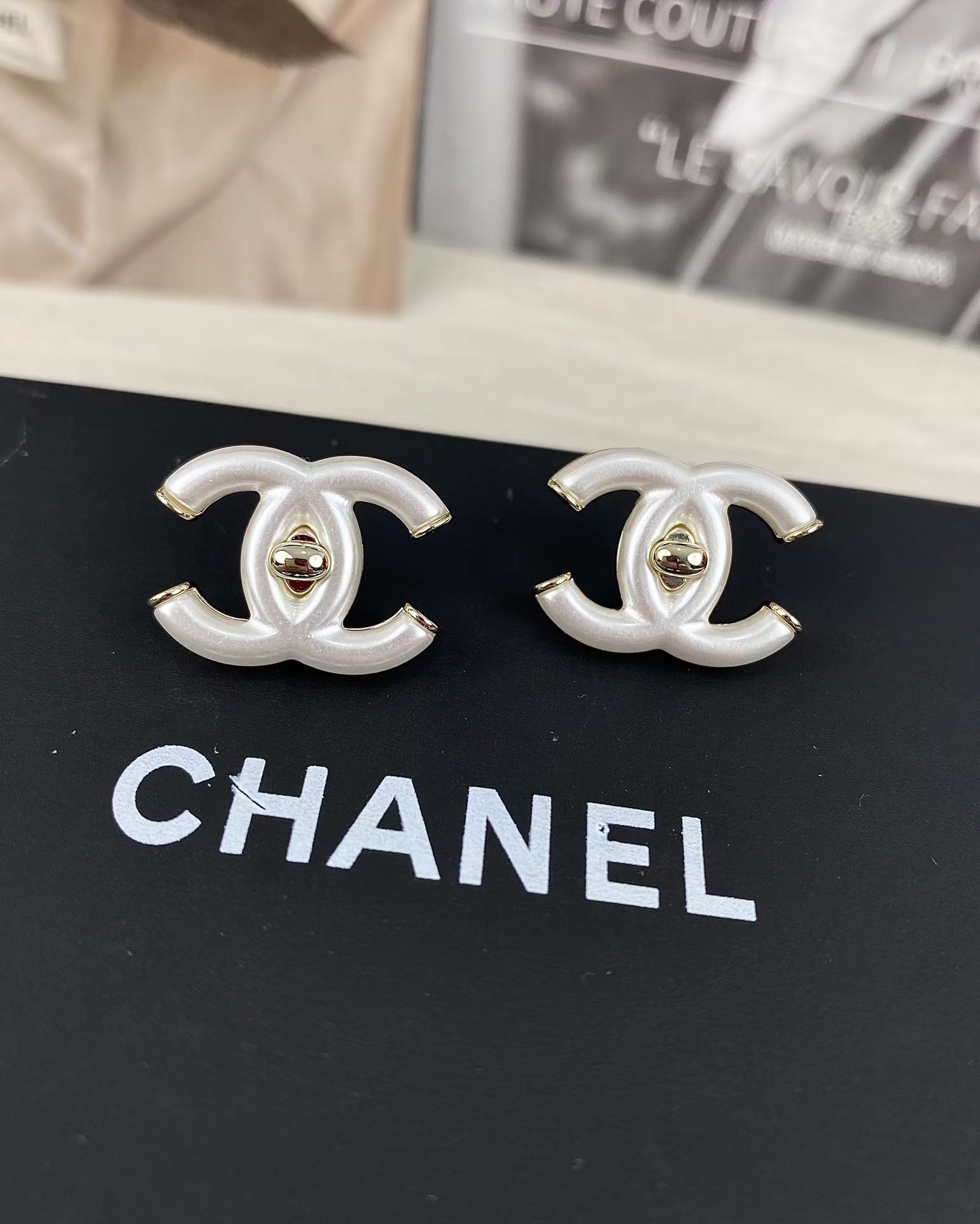 Chanel White Double C Stud Earrings