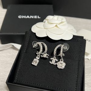 Chanel Asymmetric Silver Earrings with Rhinestone Perfume Bottle Camellia CC Dangle