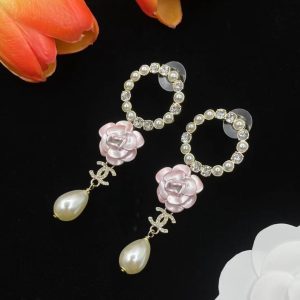 Chanel Pink Camellia Pearl Dangle Earrings