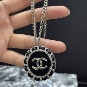 Chanel Large Leather Wrap Black Enamel Oval Pendant Necklace