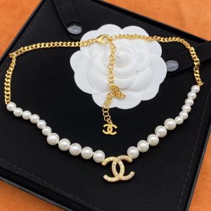 Chanel Half Pearl Half Chain Double C Pendant Necklace