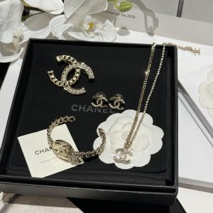 Chanel Light Gold CC Brooch Bracelet Bangle Earrings Necklace