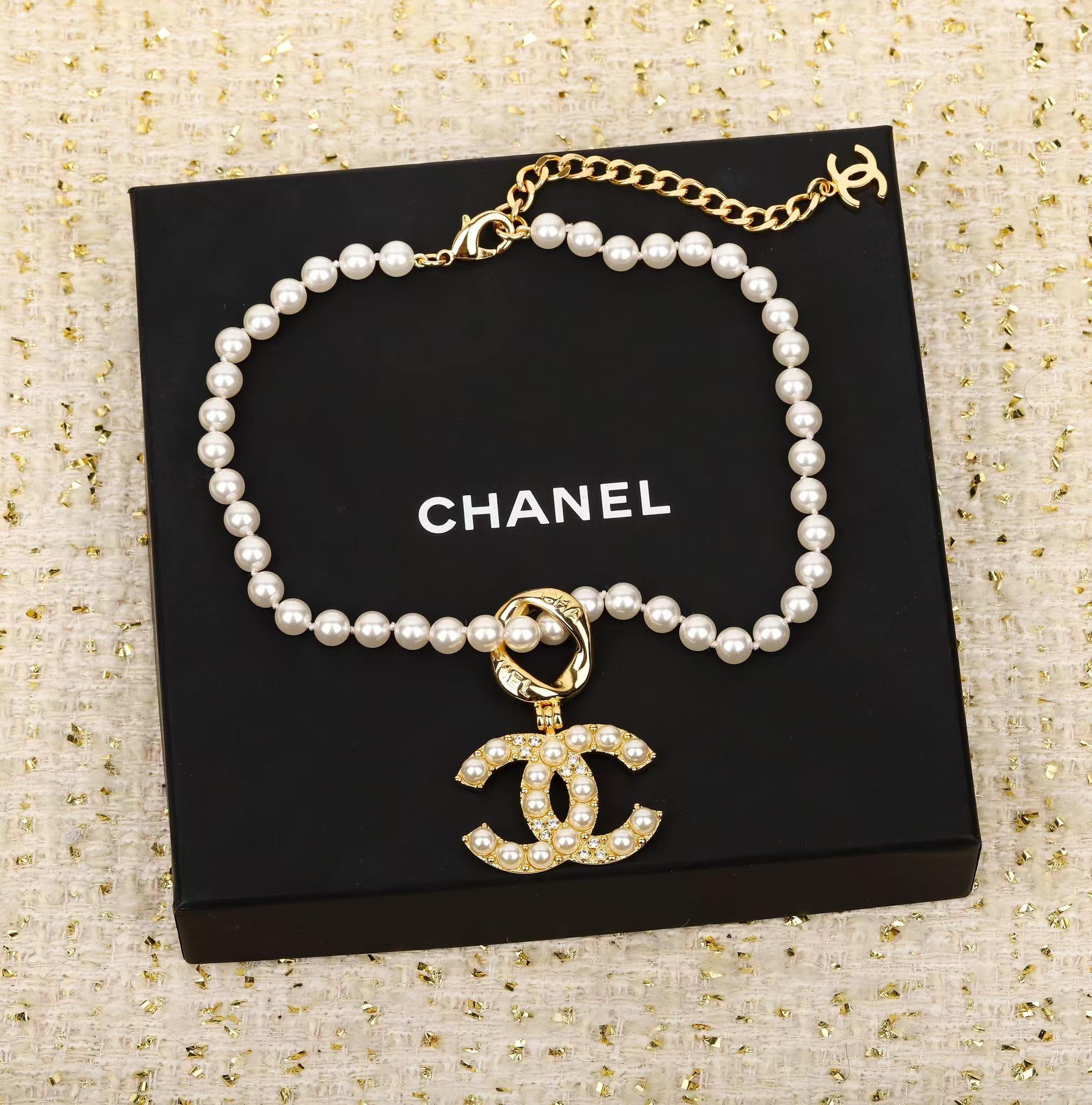 Chanel Diamond Pearl Paved Double C Pendant Pearl Necklace - Image 3