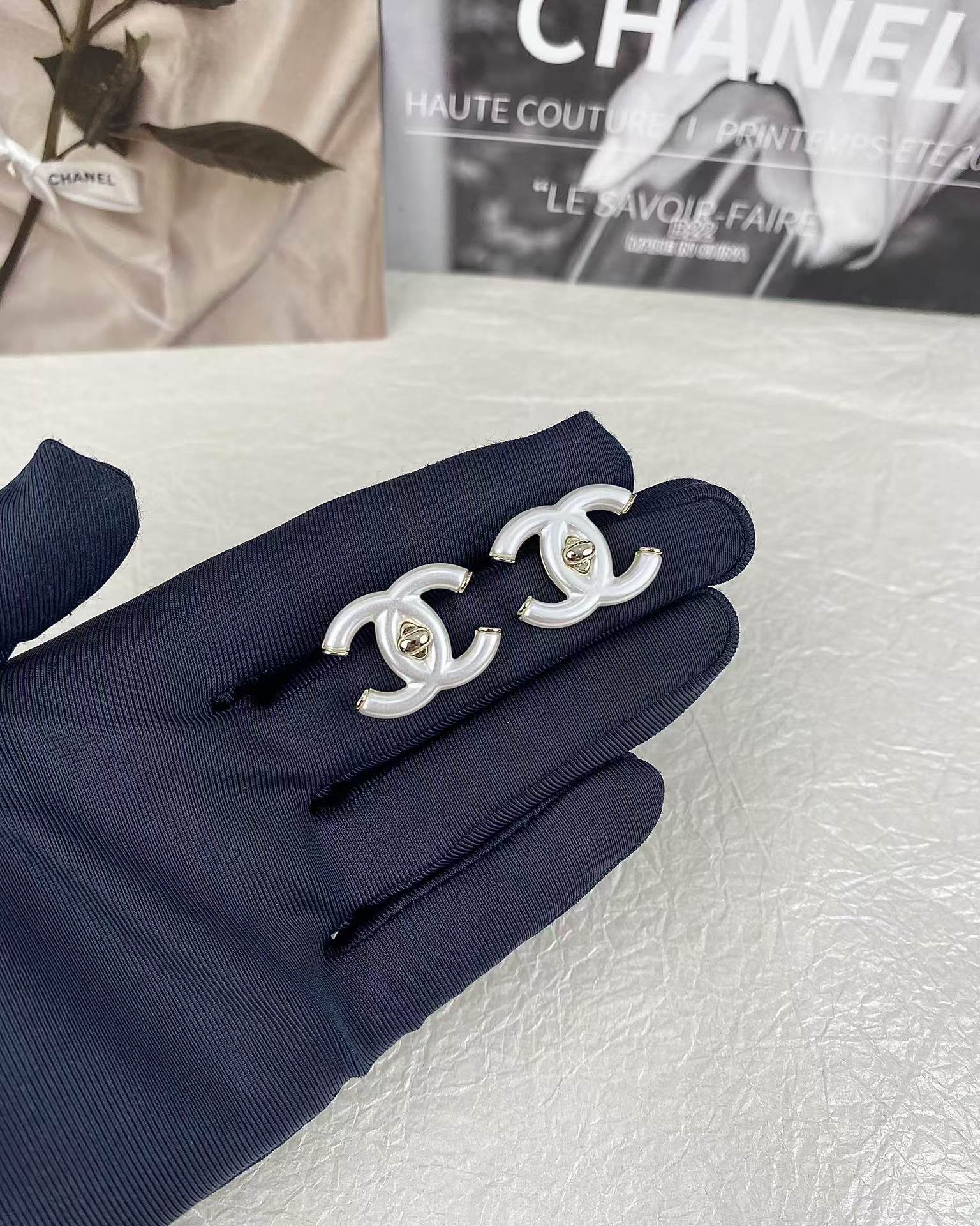 Chanel White Double C Stud Earrings - Image 2