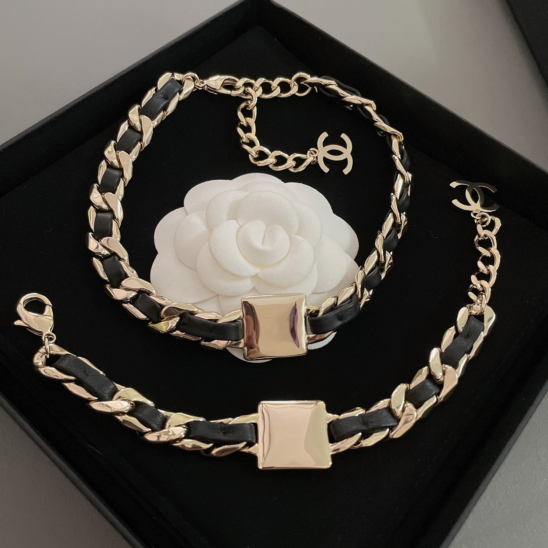 Chanel Leather Gold Chain Bracelet Choker Necklace - Image 8