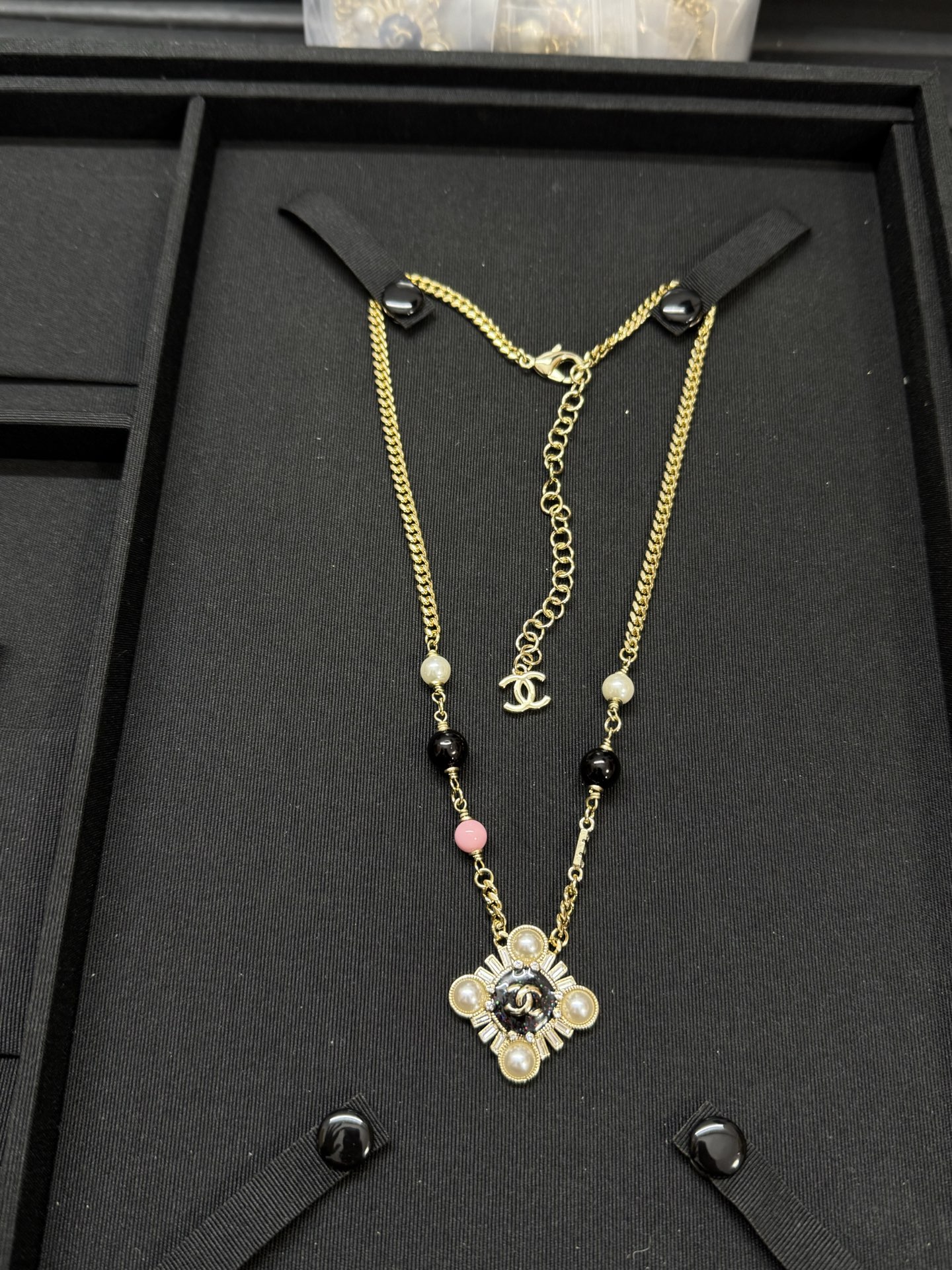 Chanel Pearl Paved Rhombic Pendant Necklace - Image 6