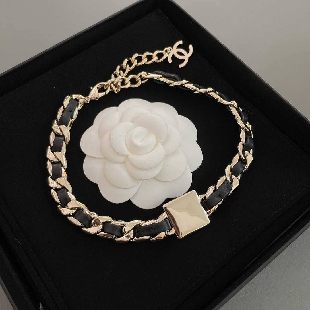 Chanel Leather Gold Chain Bracelet Choker Necklace - Image 6