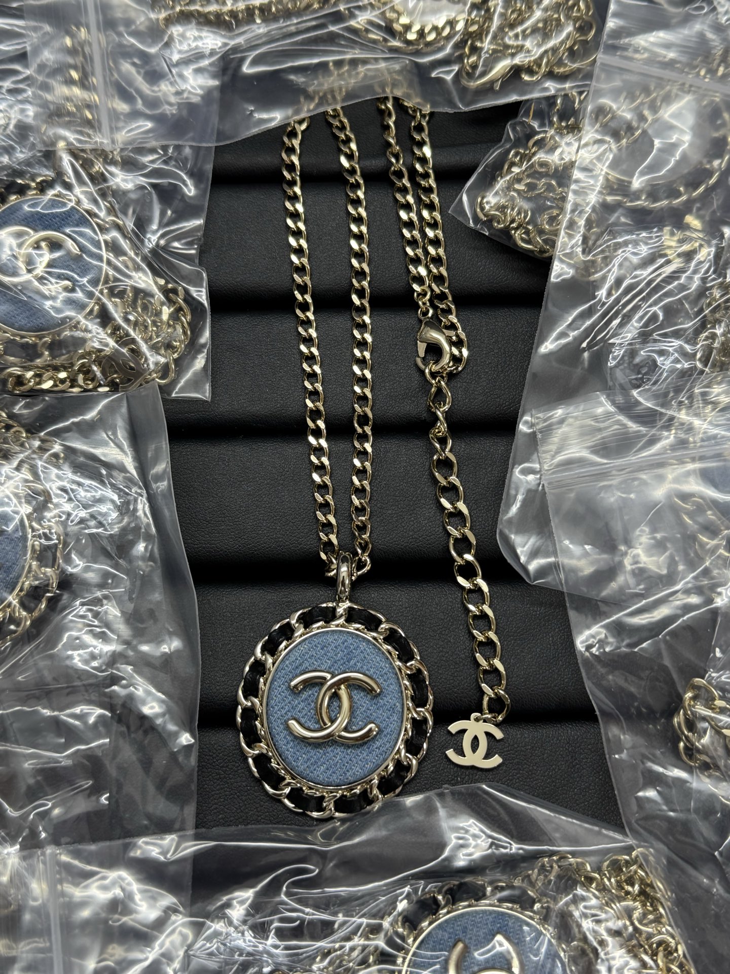 Chanel Large Leather Wrap Vintage Denim Oval Pendant Necklace - Image 2