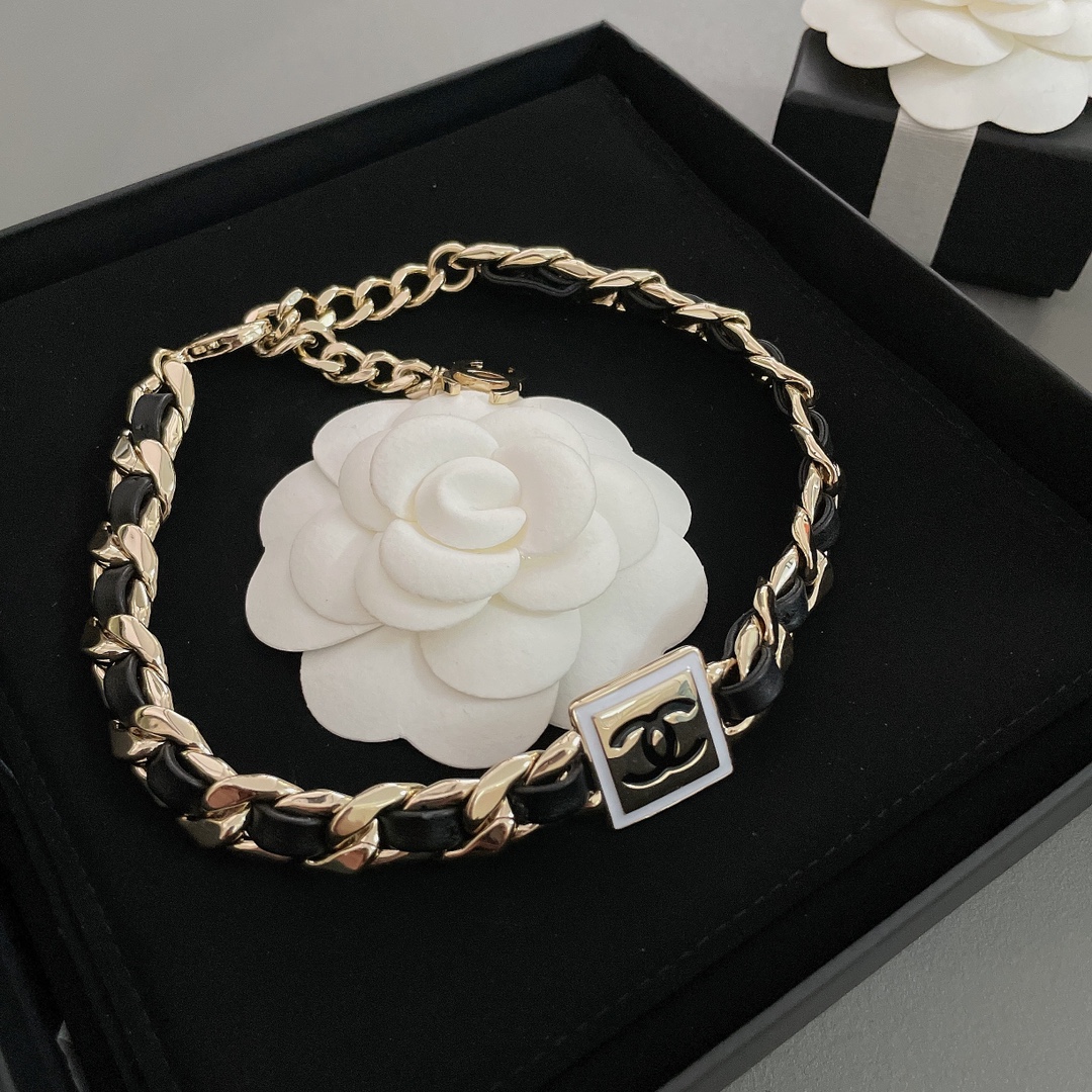 Chanel Leather Gold Chain Bracelet Choker Necklace - Image 4