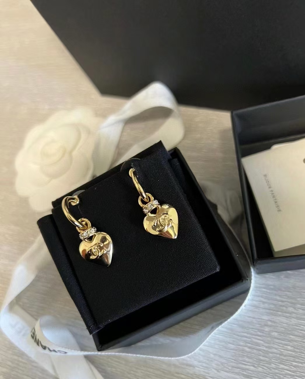 Chanel Gold Hoop with Heart Dangle Earrings - Image 6