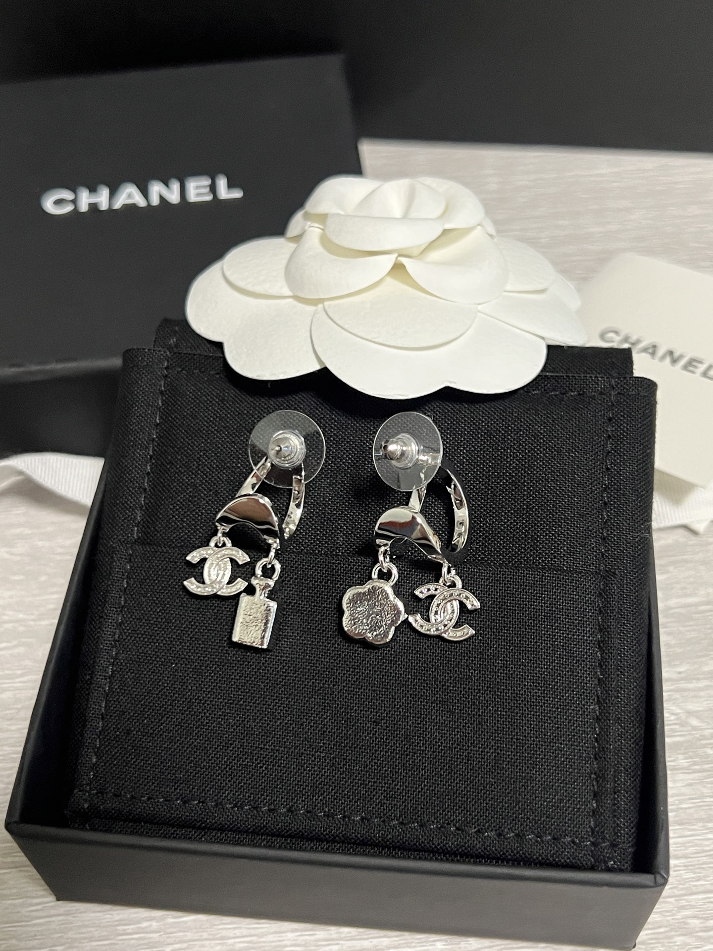 Chanel Asymmetric Silver Earrings with Rhinestone Perfume Bottle Camellia CC Dangle - Image 7