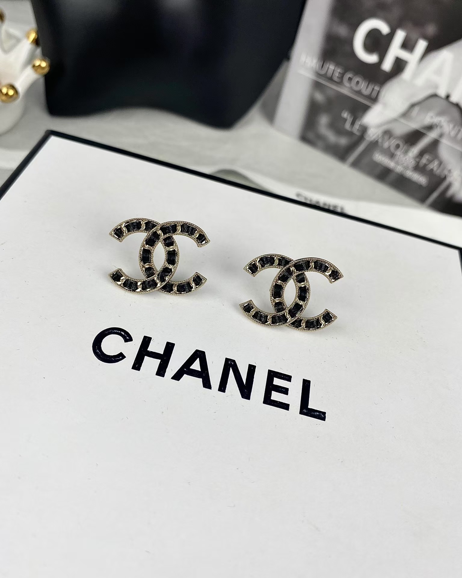 Chanel Light Gold & Black Leather Double C Earrings - Image 3