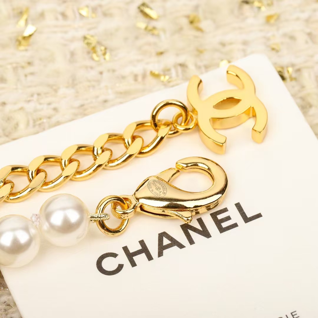 Chanel Diamond Pearl Paved Double C Pendant Pearl Necklace - Image 6