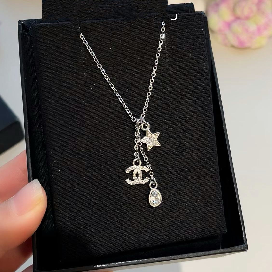 Chanel Silver Necklace with Star Teardrop CC Pendant