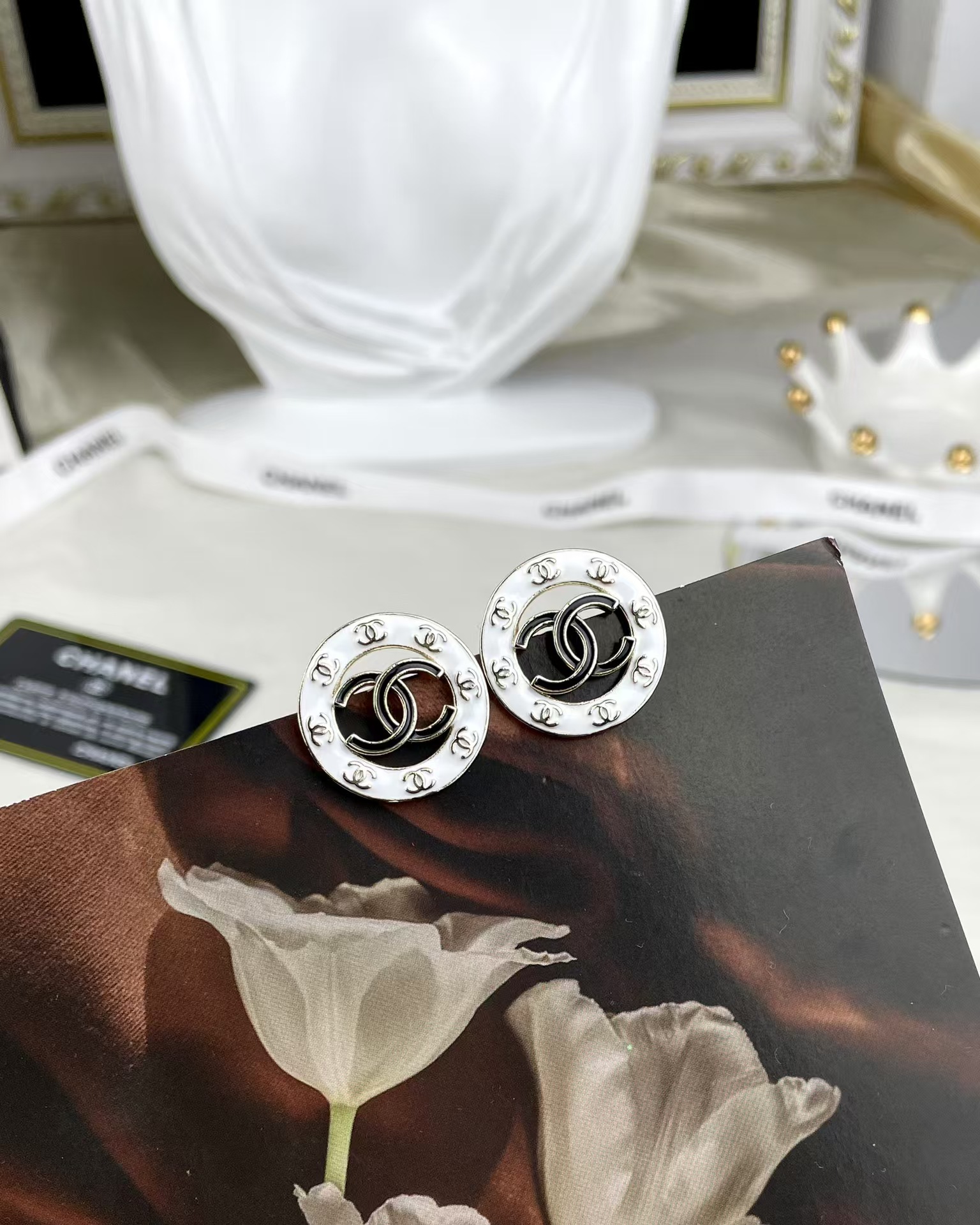 Chanel Round White and Black Enamel Stud Earrings - Image 5