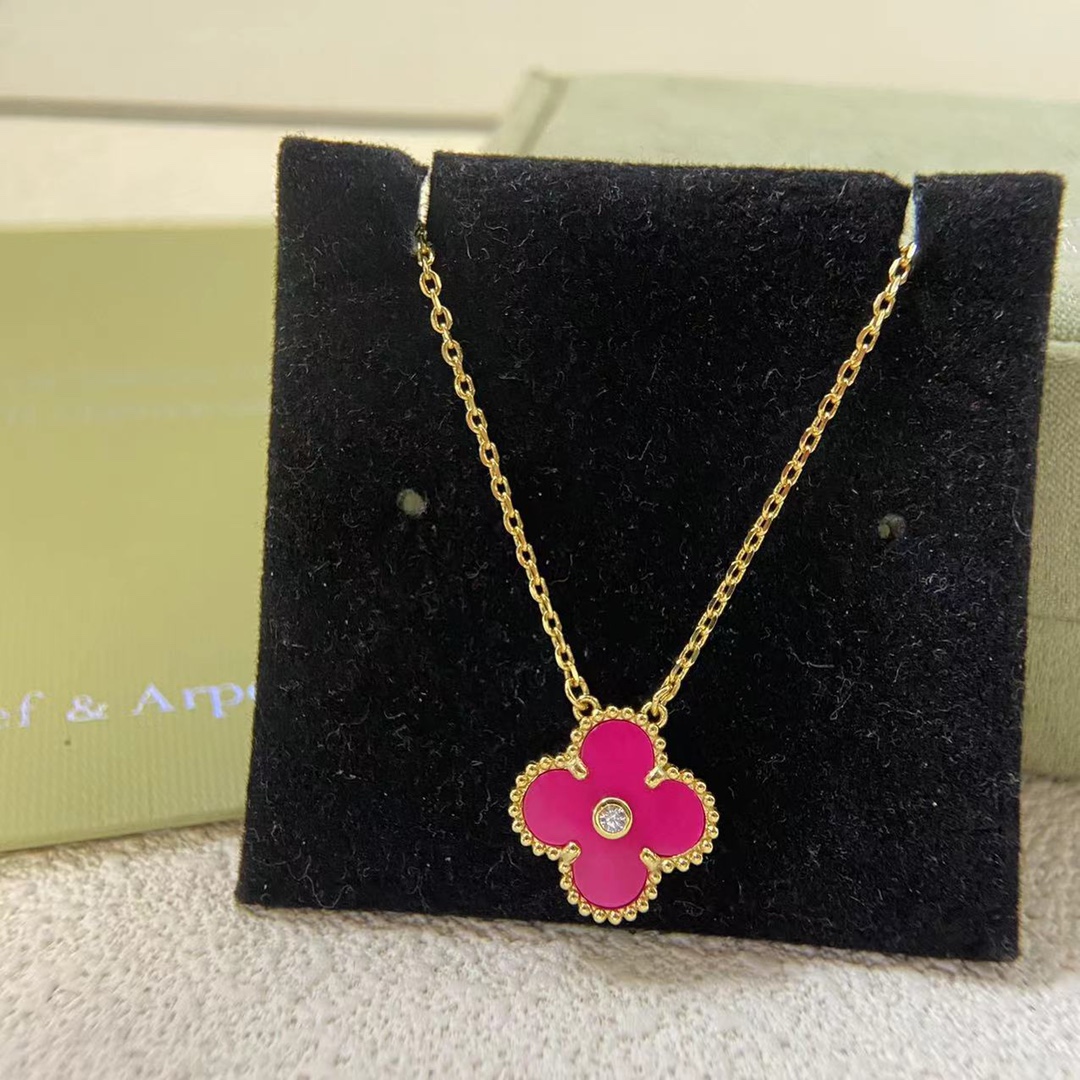 VCA Diamond Rose Red Vintage Alhambra Pendant Necklace