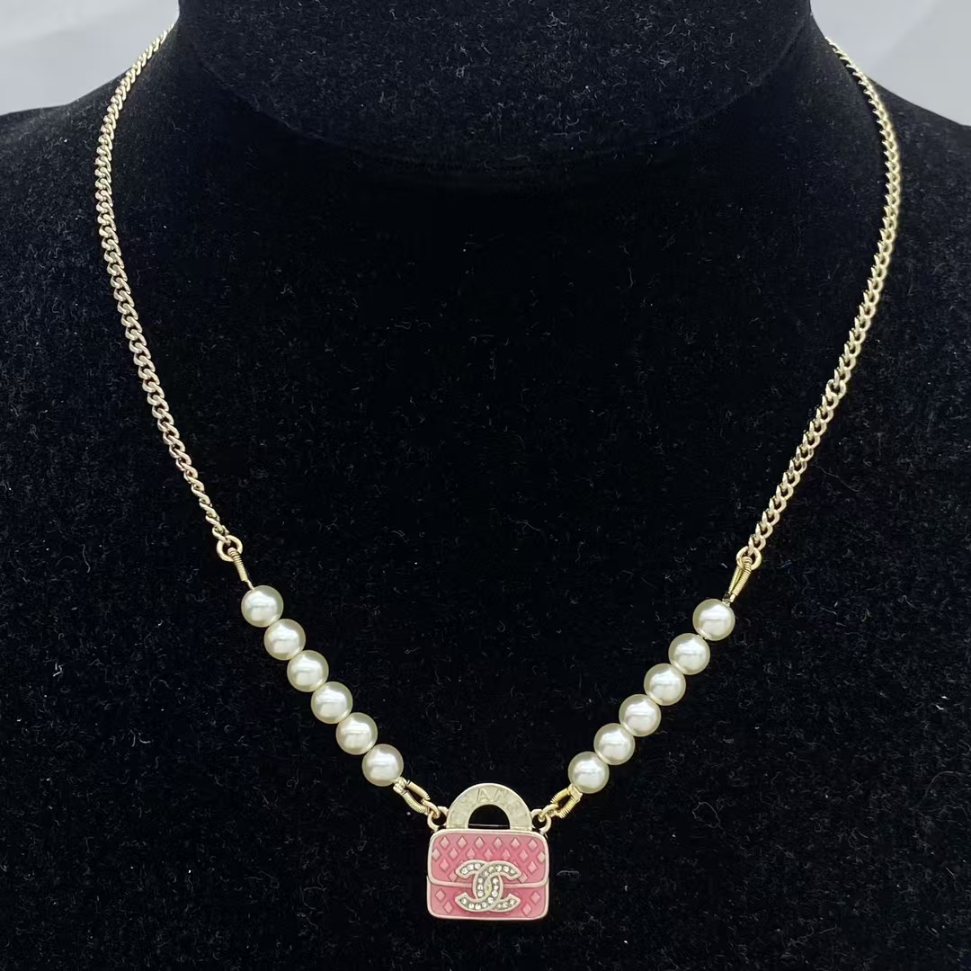 Chanel Bag Pendant Pearl Chain Necklace