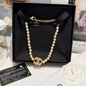 Chanel Round Double C Pendant Pearl Choker Necklace