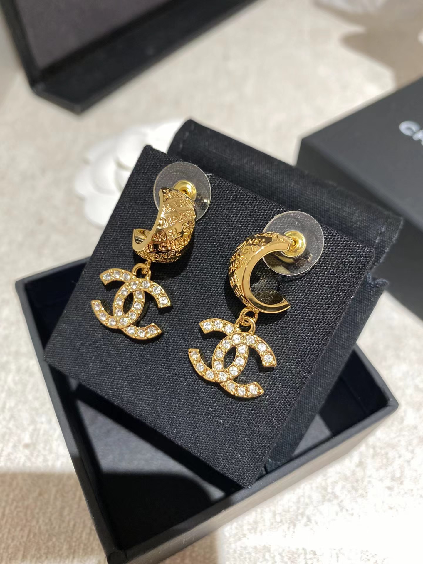 Chanel Gold Color Double C Dangle Earrings