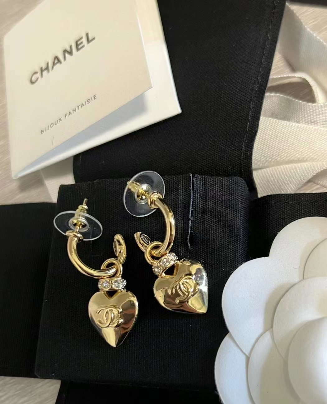 Chanel Gold Hoop with Heart Dangle Earrings - Image 3