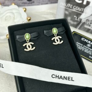 Chanel Leather Bow Green Pearl CC Dangle Earrings