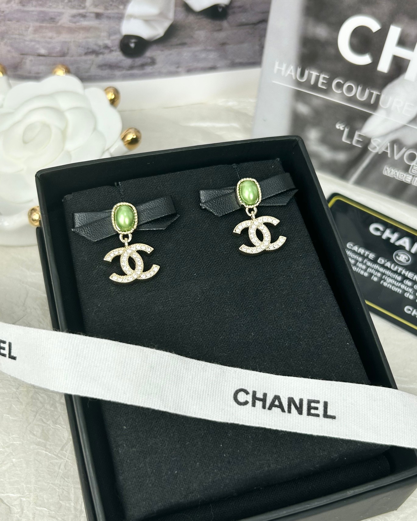 Chanel Leather Bow Green Pearl CC Dangle Earrings