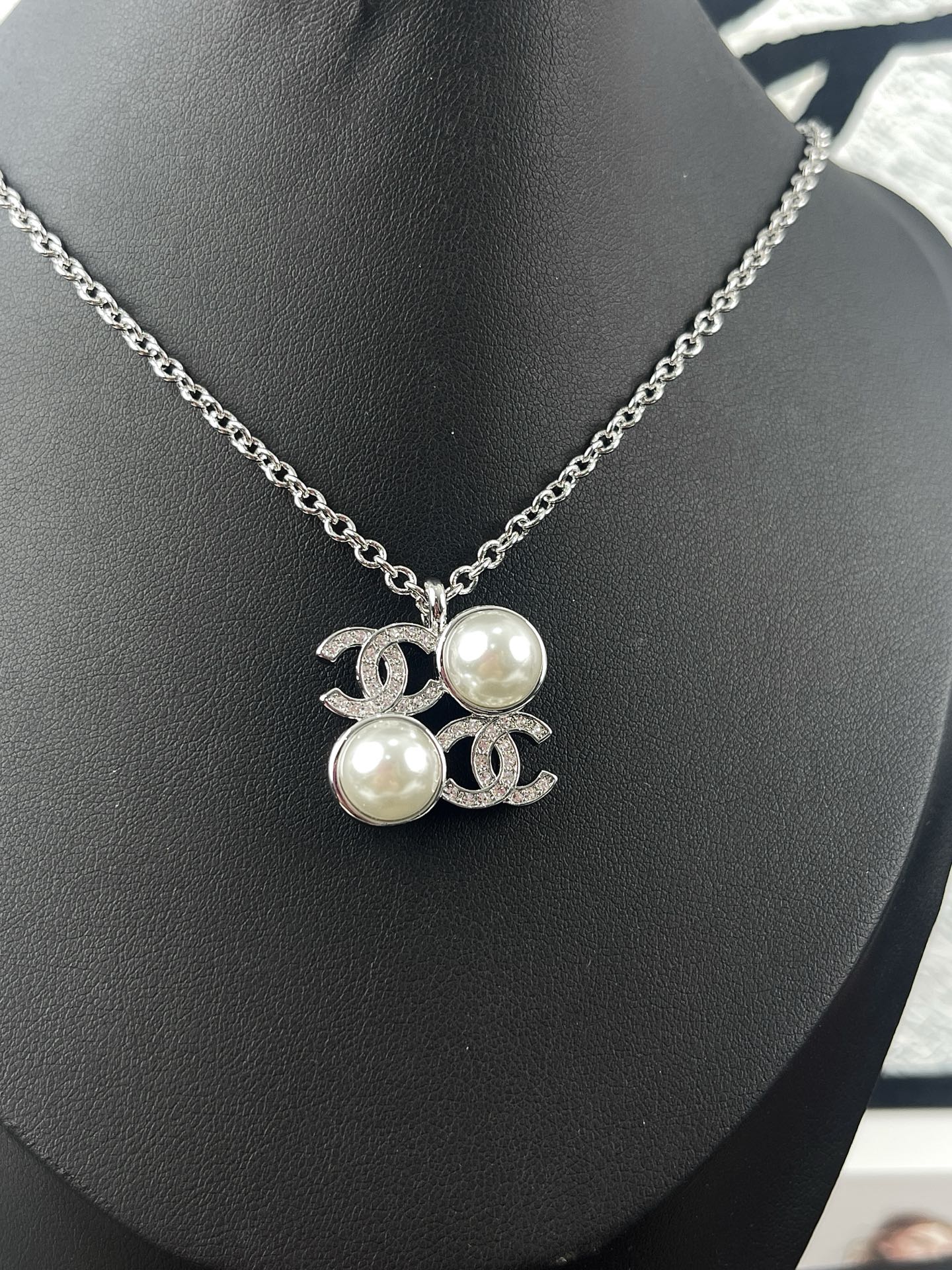 Chanel Silver Square Coco & Pearls Pendant Necklace - Image 9