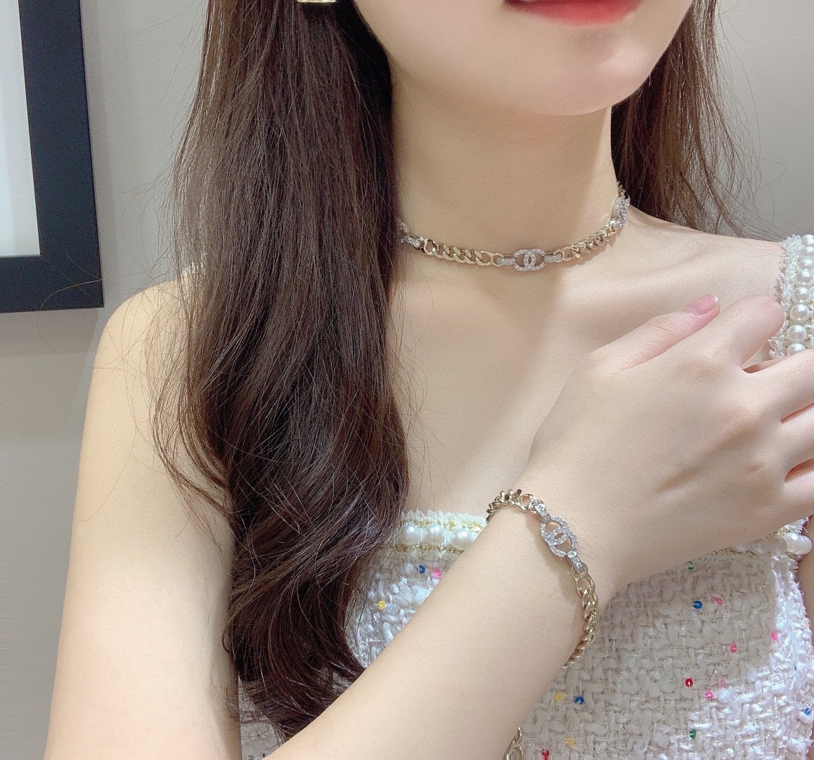 Chanel Mixed Color Cuban Chain Bracelet Earrings Choker Necklace - Image 2