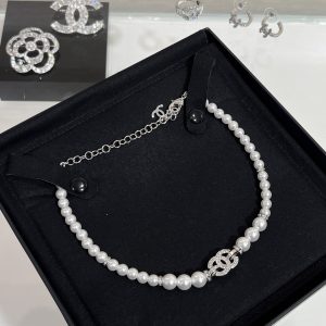 Chanel Full Diamond Paved CC Pendant Pearl Choker Necklace
