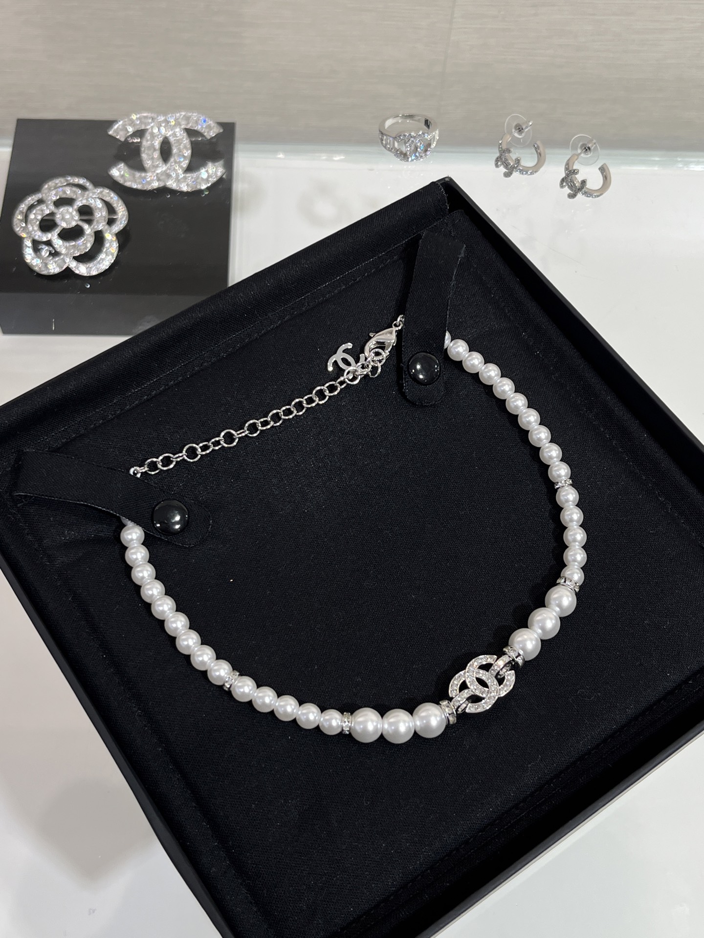 Chanel Full Diamond Paved CC Pendant Pearl Choker Necklace