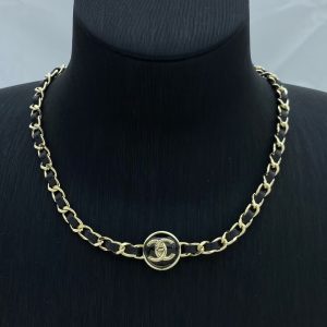 Chanel Leather Woven Gold Chain Choker Necklace