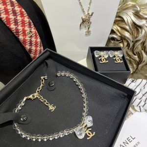 Chanel Transparent Beads Bow Knot CC Pendant Necklace
