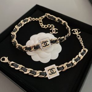 Chanel Leather Gold Chain Bracelet Choker Necklace