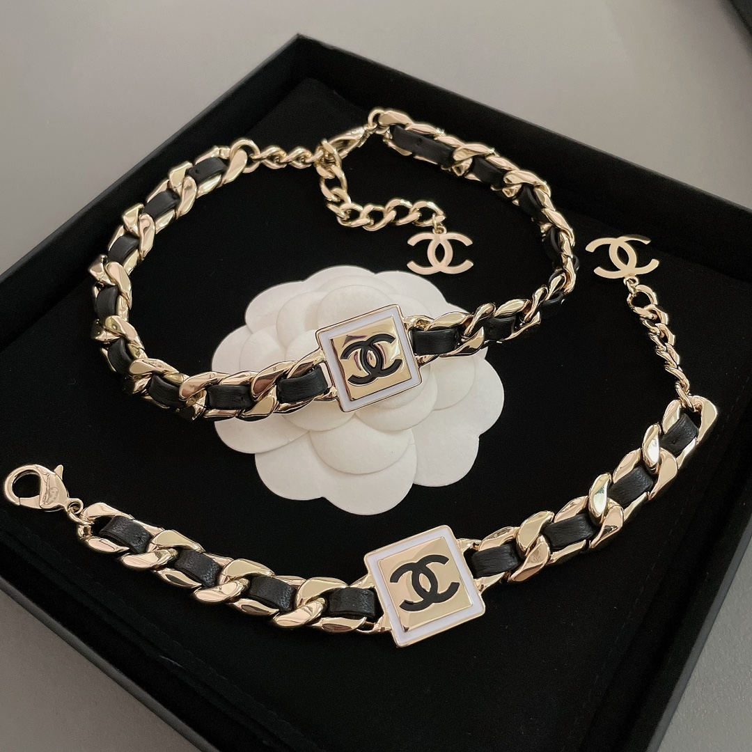 Chanel Leather Gold Chain Bracelet Choker Necklace