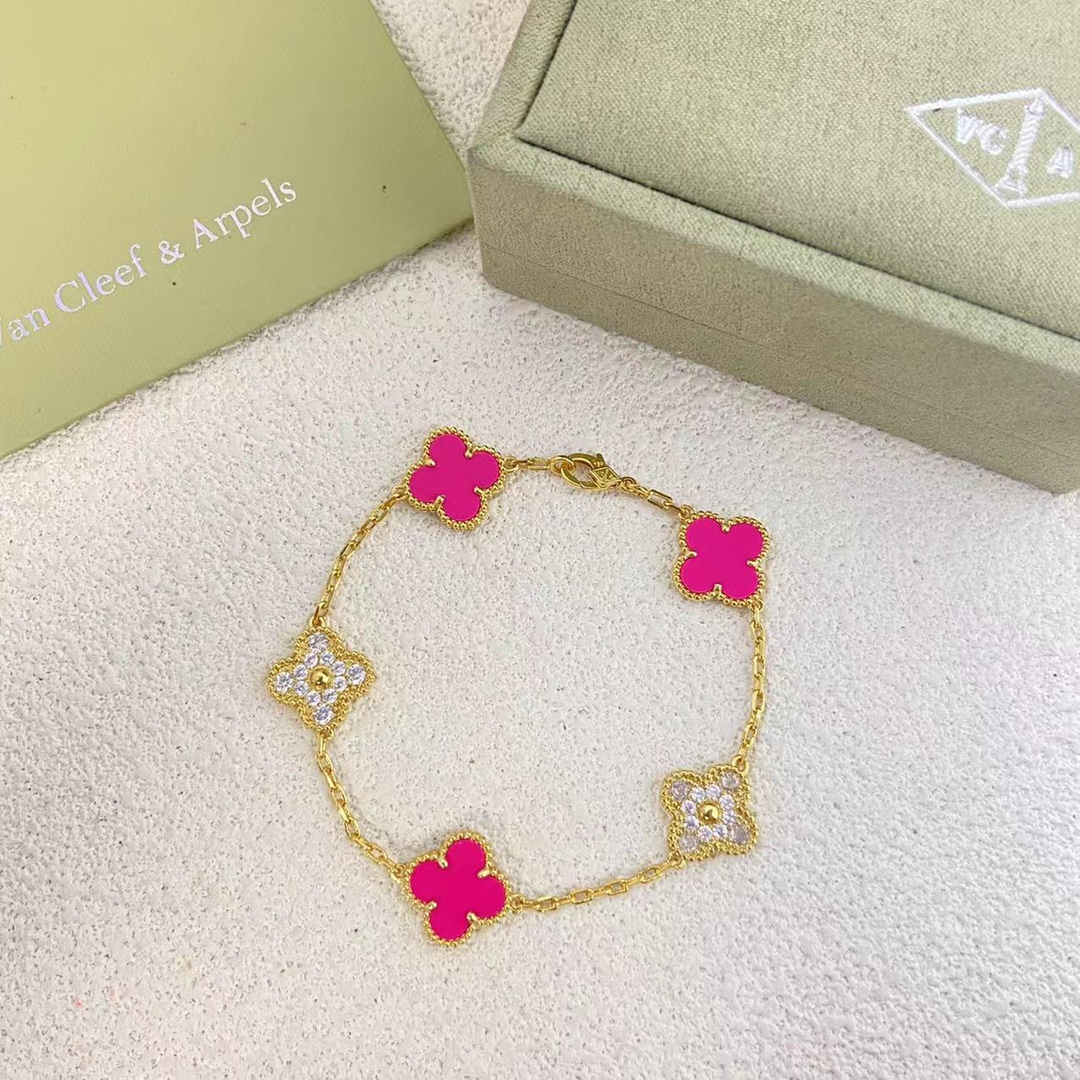 VCA Diamond and Rose Red Vintage Alhambra Bracelet 5 Motifs - Image 2