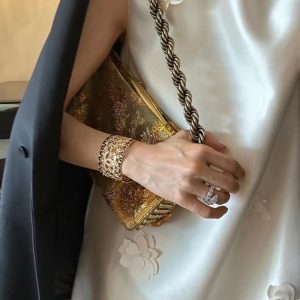 Dainty Chanel 23A Hollow Flower Wide Bracelet Cuff Bangle