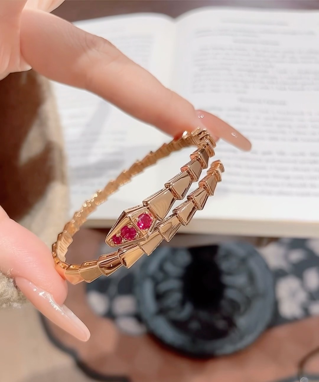 Bvlgari Rose Gold and Red Gem Serpenti Viper Bangle Bracelet - Image 3