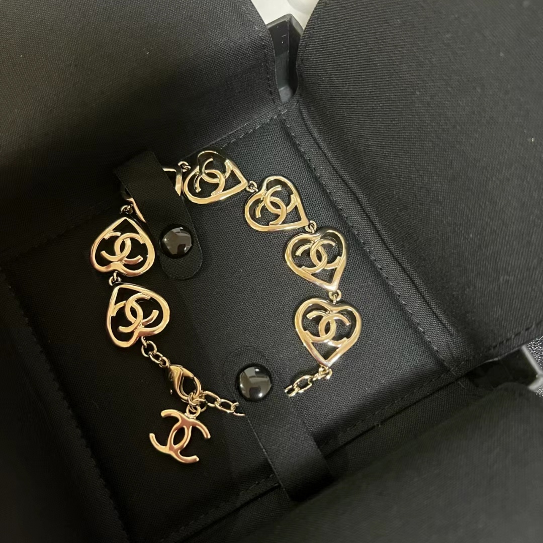 Chanel Hollow Heart Bracelet Earrings Ring Leather Necklace