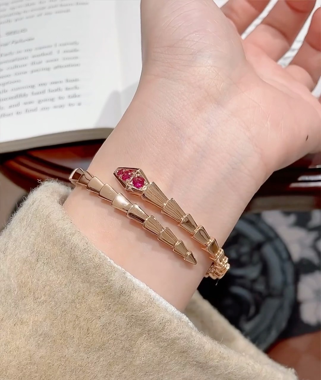 Bvlgari Rose Gold and Red Gem Serpenti Viper Bangle Bracelet - Image 2