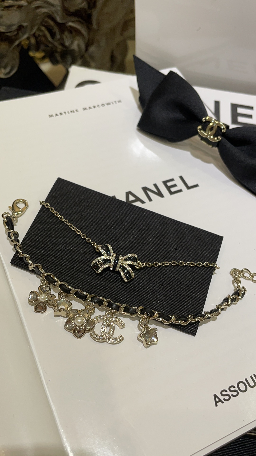 Chanel Black Bow CC Pendant Necklace and Bracelet - Image 4