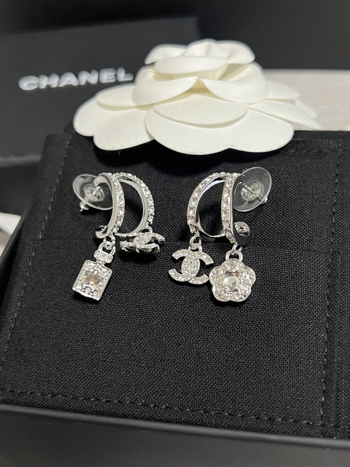 Chanel Asymmetric Silver Earrings with Rhinestone Perfume Bottle Camellia CC Dangle - Image 2