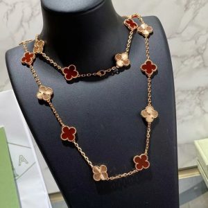 VCA Vintage Alhambra Rose Gold Mixed Carnelian Clover Long Necklace