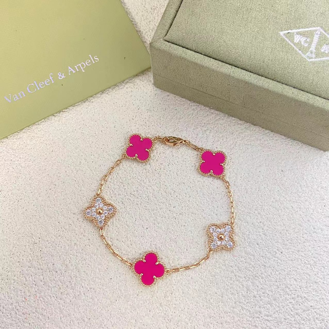 VCA Diamond and Rose Red Vintage Alhambra Bracelet 5 Motifs - Image 3